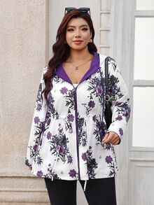 SHEIN Clasi 大尺碼女款花卉印花連帽休閒優雅日常長袖夾克 白色夏季度假外出穿搭 - 紫色 - 查看 6