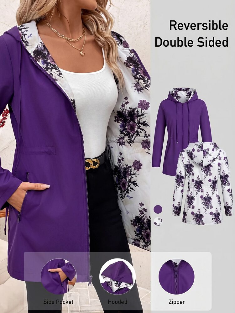 SHEIN Clasi Plus Size Women's Floral Print Hooded Casual Everyday Long Sleeve Jacket - Purple - View 8