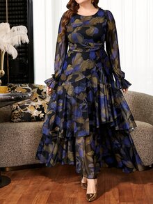 Reflora Plus Size Vacation Fashion Cinched Waist Floral Print Flare Sleeve Dress Fall - Black and White - View 6