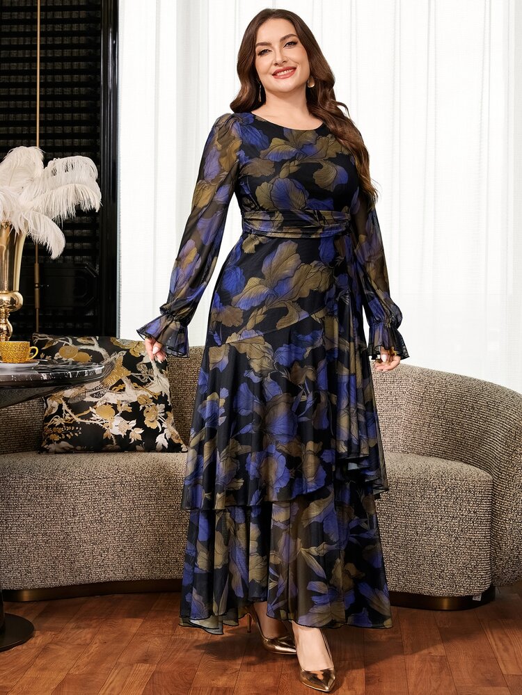 Reflora Plus Size Vacation Fashion Cinched Waist Floral Print Flare Sleeve Dress Fall - Black and White - View 3