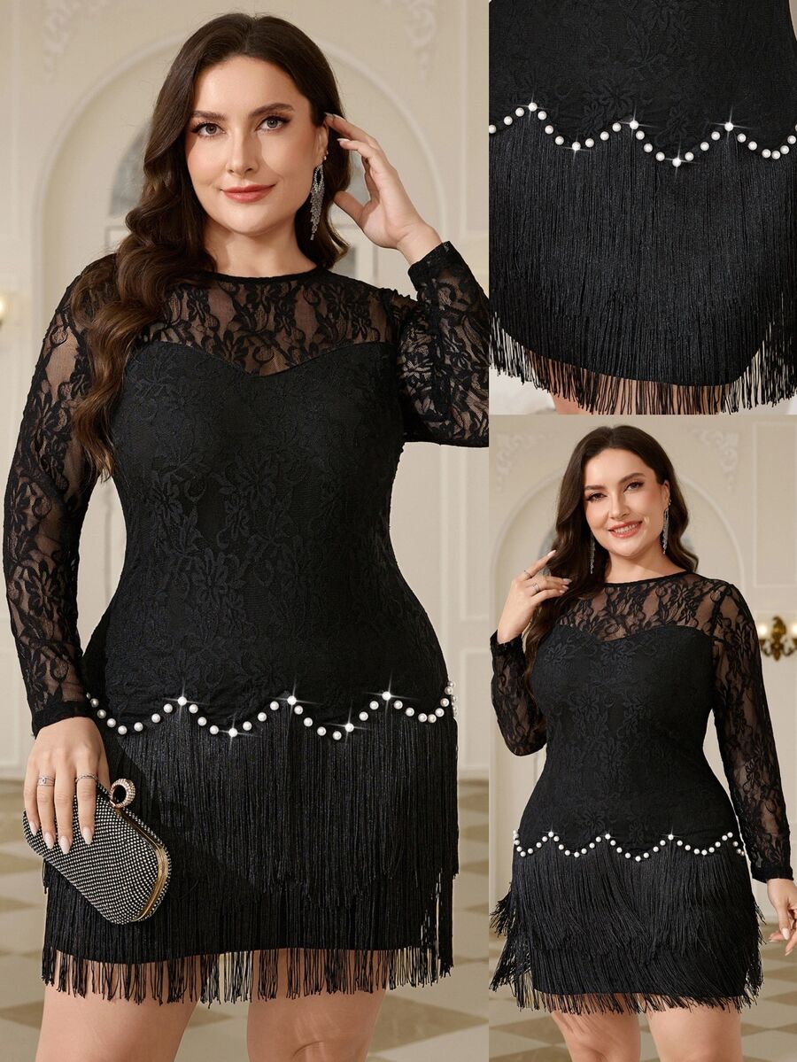 Reflora Plus Size Women's Lace Round Neck Long Sleeve Tassel Hem Elegant Dress Cocktail Evening Wedding Guest Black Autumn Fall