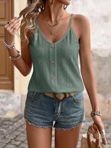 Brillora Summer Casual Solid Color Spaghetti Strap Top - Green - View 5