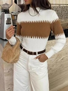 SHEIN LUNE Turtleneck Lantern Sleeve Color Block Patchwork Casual Work Wear Sweater For Women,Long Sleeve Tops In Fall/Winter - White - View 3