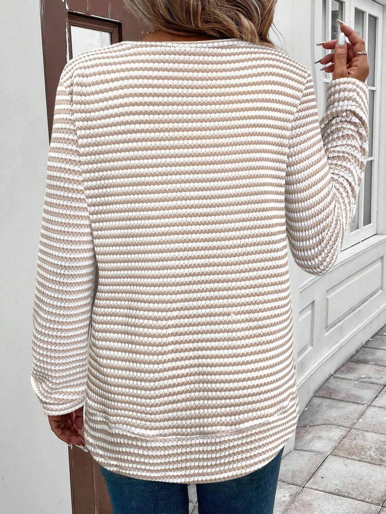 SHEIN LUNE Sweatshirt Wanita Kasual Kerah Bulat dengan Hem Asimetris, Garis Biru dan Putih, Atasan Lengan Panjang Bertekstur Bergaris untuk Acara Musim Gugur - MultiWarna - View 7