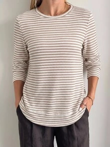 SHEIN LUNE 女士休闲圆领不对称下摆运动衫，纹理条纹面料外出上衣女士工作超大 T 恤女士商务休闲女士机场条纹长袖衬衫女士女士长袖上衣罗纹针织上衣女士长袖衬衫女士针织上衣秋冬长袖 T 恤 - 彩色 - 查看 3