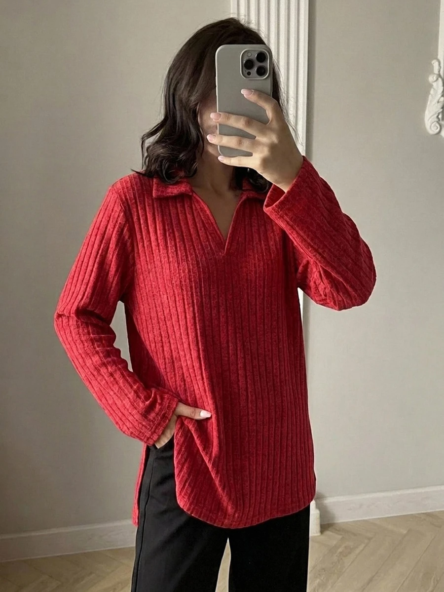 Easowa Camiseta Feminina de Gola Alta, Manga Longa e Comprimento Longo com Textura de Malha Canelada, Outono/Inverno - Vermelho - Visão 1