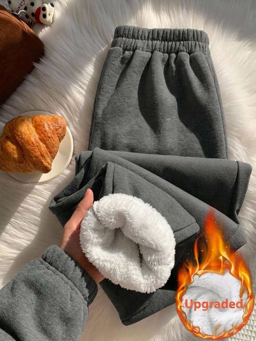 SHEIN LUNE بناطيل رياضية سوداء مبطنة حرارية للنساء ، رمادي داكن ، خريف/شتاء - رمادي غامق - مشاهدة 1
