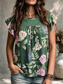 Ceyna 大尺碼女款法式休閒優雅印花荷葉袖圓領T恤 - 綠色 - 查看 5