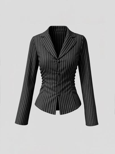 Sweetra Women's Business-Casual Suit Jacket, Street-Style, Sensual, Pleated Waistline, Black And White Striped Autumn Long-Sleeve Coat, Gothic, Halloween/Y2K