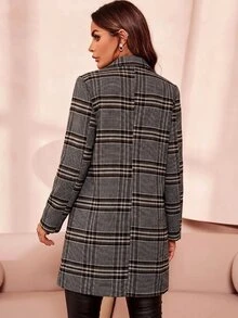 SHEIN Clasi 翻領雙排扣大衣 秋季 辦公室灰色 休閒優雅 - 卡其色 - 查看 2