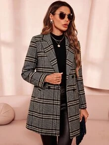 SHEIN Clasi 翻領雙排扣大衣 秋季 辦公室灰色 休閒優雅 - 卡其色 - 查看 5