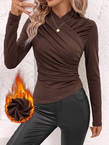 SHEIN Clasi Camiseta de manga larga de unicolor con fruncido, casual y versátil para uso diario para mujer - Marrón - Ver 4