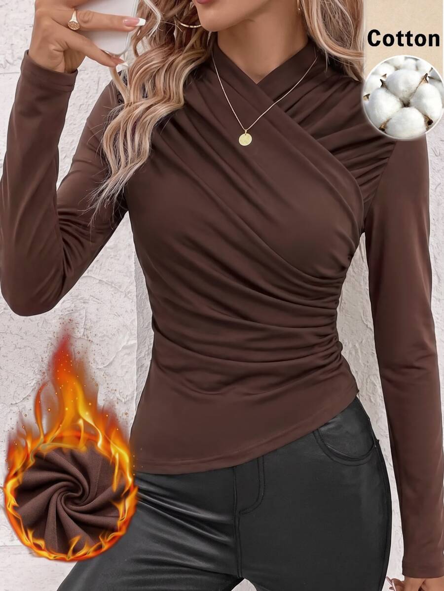 SHEIN Clasi Camiseta de manga larga de unicolor con fruncido, casual y versátil para uso diario para mujer - Marrón - Ver 1