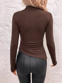 SHEIN Clasi Camiseta de manga larga de unicolor con fruncido, casual y versátil para uso diario para mujer - Marrón - Ver 5