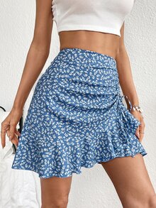 SHEIN VCAY Ditsy Floral Print Drawstring Ruffle Hem Skirt - Blue - View 5