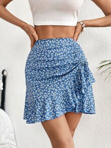 SHEIN VCAY Ditsy Floral Print Drawstring Ruffle Hem Skirt - Blue - View 4