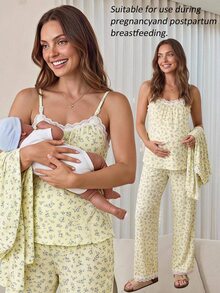 Slowluna Set 2 Potong Kasual Elegan Ibu Hamil Atasan Kamisol Renda Patchwork Motif Seluruh Bagian Celana Panjang Pinggang yang Dapat Disesuaikan dan Kardigan Biru dan Kuning Musim Gugur - Blue and White - View 1