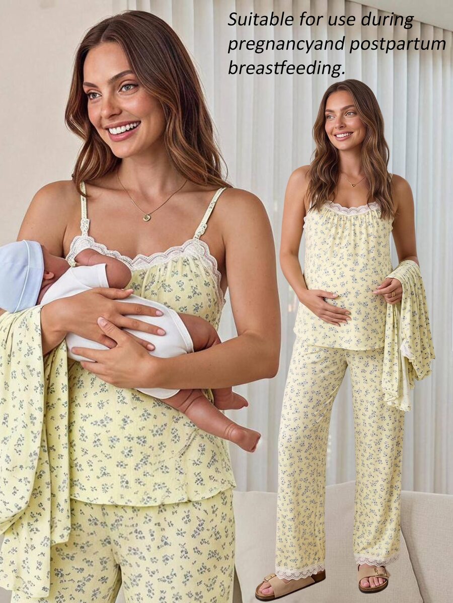 Slowluna Set 2 Potong Kasual Elegan Ibu Hamil Atasan Kamisol Renda Patchwork Motif Seluruh Bagian Celana Panjang Pinggang yang Dapat Disesuaikan dan Kardigan Biru dan Kuning Musim Gugur - Blue and White - View 1
