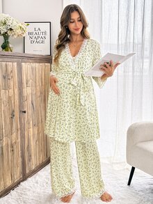 Slowluna Set 2 Potong Kasual Elegan Ibu Hamil Atasan Kamisol Renda Patchwork Motif Seluruh Bagian Celana Panjang Pinggang yang Dapat Disesuaikan dan Kardigan Biru dan Kuning Musim Gugur - Blue and White - View 8