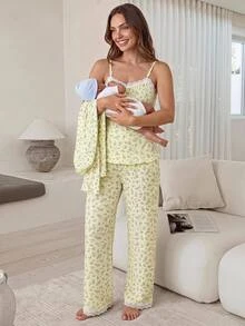 Slowluna Set 2 Potong Kasual Elegan Ibu Hamil Atasan Kamisol Renda Patchwork Motif Seluruh Bagian Celana Panjang Pinggang yang Dapat Disesuaikan dan Kardigan Biru dan Kuning Musim Gugur - Blue and White - View 6