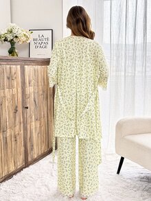 Slowluna Set 2 Potong Kasual Elegan Ibu Hamil Atasan Kamisol Renda Patchwork Motif Seluruh Bagian Celana Panjang Pinggang yang Dapat Disesuaikan dan Kardigan Biru dan Kuning Musim Gugur - Blue and White - View 9