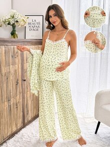 Slowluna Set 2 Potong Kasual Elegan Ibu Hamil Atasan Kamisol Renda Patchwork Motif Seluruh Bagian Celana Panjang Pinggang yang Dapat Disesuaikan dan Kardigan Biru dan Kuning Musim Gugur - Blue and White - View 7