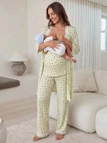 Slowluna Set 2 Potong Kasual Elegan Ibu Hamil Atasan Kamisol Renda Patchwork Motif Seluruh Bagian Celana Panjang Pinggang yang Dapat Disesuaikan dan Kardigan Biru dan Kuning Musim Gugur - Blue and White - View 5