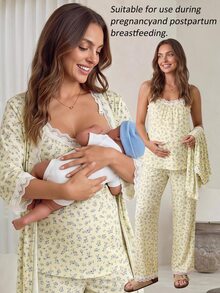 Slowluna Set 2 Potong Kasual Elegan Ibu Hamil Atasan Kamisol Renda Patchwork Motif Seluruh Bagian Celana Panjang Pinggang yang Dapat Disesuaikan dan Kardigan Biru dan Kuning Musim Gugur - Blue and White - View 3