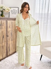 Slowluna Set 2 Potong Kasual Elegan Ibu Hamil Atasan Kamisol Renda Patchwork Motif Seluruh Bagian Celana Panjang Pinggang yang Dapat Disesuaikan dan Kardigan Biru dan Kuning Musim Gugur - Blue and White - View 10
