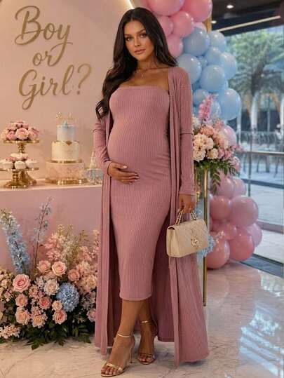Loomaby Conjunto de 2 piezas de bata de manga larga y vestido bandeau de unicolor para maternidad, elegante y romántico, vestido para sesión de fotos de revelación de género, vestido para baby shower, rosa otoño