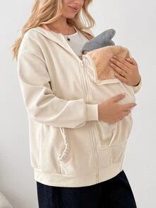 SHEIN 孕婦極簡百搭拉鍊連帽三合一外套，附口袋，適合秋季 - 杏色 - 查看 2