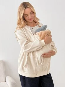 SHEIN 孕婦極簡百搭拉鍊連帽三合一外套，附口袋，適合秋季 - 杏色 - 查看 6