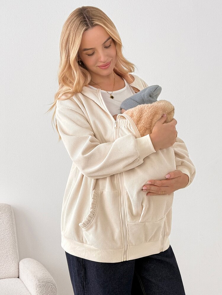 SHEIN Maternity Minimalist Versatile Zip-Up Hooded 3-In-1 Jacket With Pockets Fall - Apricot - View 6