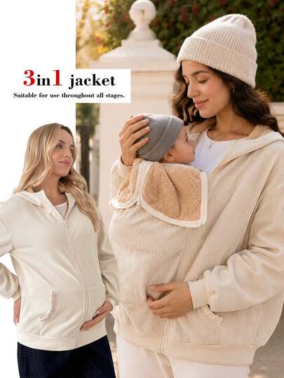SHEIN Jaket Hamil Minimalis Serbaguna dengan Resleting dan Tudung 3-in-1 serta Kantong untuk Musim Gugur