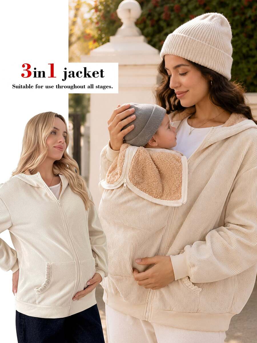 SHEIN 孕婦極簡百搭拉鍊連帽三合一外套,附口袋,適合秋季 - 杏色 - 查看 1
