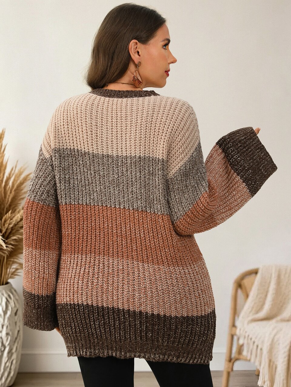 Plus Size Women's Colorblock Crew Neck Drop Shoulder Long Sleeve Loose Pullover Sweater Winter