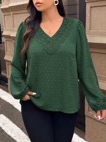Lounesse 大尺碼對比飾邊長袖襯衫 女款優雅上衣 秋冬優雅辦公商務工作襯衫 休閒日常外出襯衫 - 墨綠色 - 查看 2