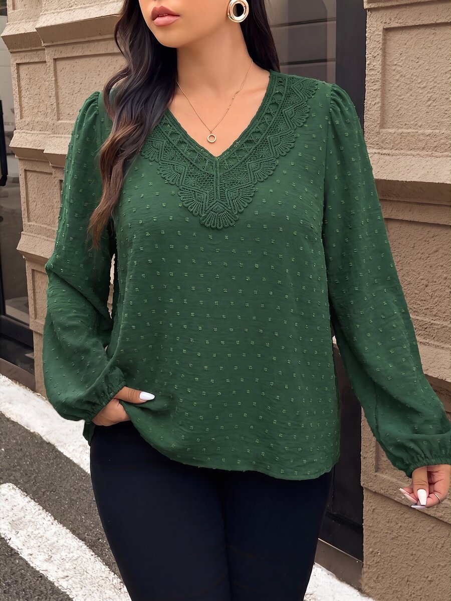 Lounesse 大尺碼對比飾邊長袖襯衫 女款優雅上衣 秋冬優雅辦公商務工作襯衫 休閒日常外出襯衫