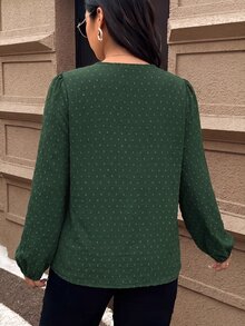 Lounesse 大尺碼對比飾邊長袖襯衫 女款優雅上衣 秋冬優雅辦公商務工作襯衫 休閒日常外出襯衫 - 墨綠色 - 查看 4