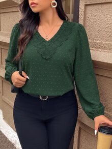 Lounesse 大尺碼對比飾邊長袖襯衫 女款優雅上衣 秋冬優雅辦公商務工作襯衫 休閒日常外出襯衫 - 墨綠色 - 查看 5