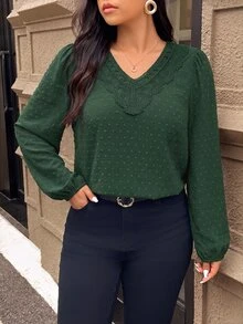 Lounesse 大尺碼對比飾邊長袖襯衫 女款優雅上衣 秋冬優雅辦公商務工作襯衫 休閒日常外出襯衫 - 墨綠色 - 查看 3