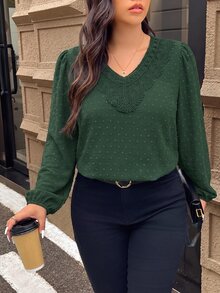 Lounesse 大尺碼對比飾邊長袖襯衫 女款優雅上衣 秋冬優雅辦公商務工作襯衫 休閒日常外出襯衫 - 墨綠色 - 查看 7