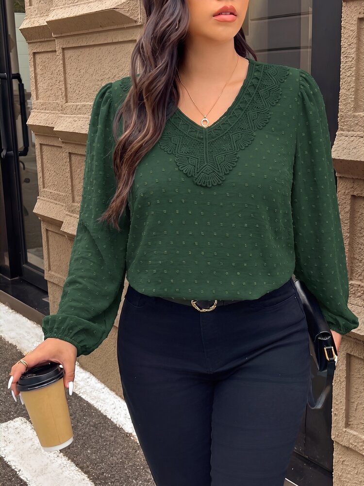 Lounesse Plus Size Contrast Trim Long Sleeve Shirt Elegant Blouse For Women Fall/Winter Elegant Office Business Work Blouse Casual Daily Going Out Shirt Women - Dark Green - View 6