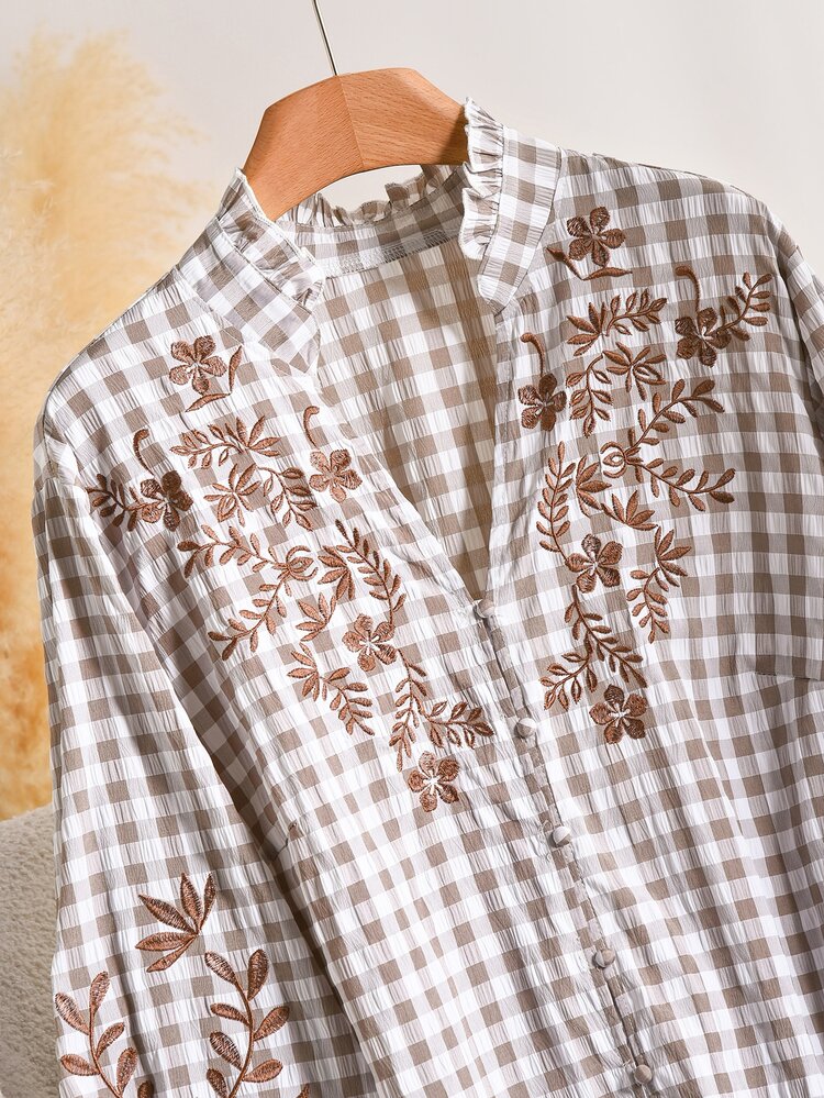 CosyJoli Plus Size Women's Plaid Floral Print Casual Traditional Versatile Daily Wear Shirt Office Birthday Blouse Casual Going Out Blouse For Fall/Winter - Apricot - View 5