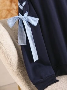 CosyJoli 女款大尺碼對比色領結設計海軍藍長袖運動衫 休閒仙氣可愛 早午餐 教師 社團 正式 校園 大學 秋季 - 藏蓝色 - 查看 7