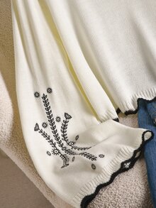 CosyJoli 大尺碼拼色滾邊刺繡喇叭袖針織衫 秋季約會 正式派對 辦公室 花卉杏色 優雅休閒 冬季 - 米色 - 查看 5
