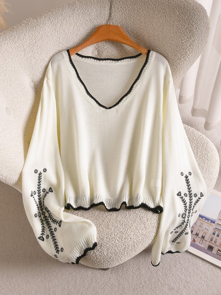 CosyJoli 大尺碼拼色滾邊刺繡喇叭袖針織衫 秋季約會 正式派對 辦公室 花卉杏色 優雅休閒 冬季 - 米色 - 查看 6