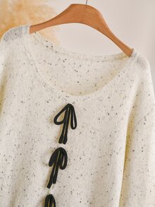 CosyJoli Women's Bowknot Ruffle Trim Solid Color Round Neck Casual Sweater Winter - Apricot - View 6
