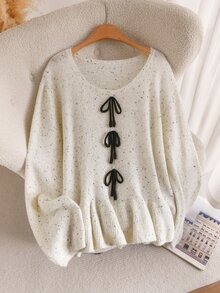 CosyJoli Women's Bowknot Ruffle Trim Solid Color Round Neck Casual Sweater Winter - Apricot - View 2