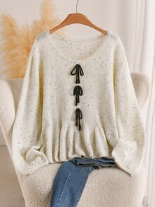 CosyJoli Women's Bowknot Ruffle Trim Solid Color Round Neck Casual Sweater Winter - Apricot - View 8